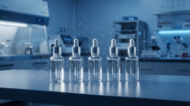 Cosmetic serum bottles in scientific laboratory setting