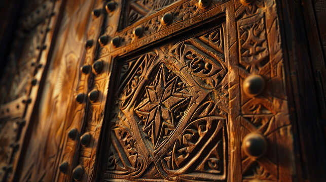 Ornate carved wooden door with geometric relief and metal studs