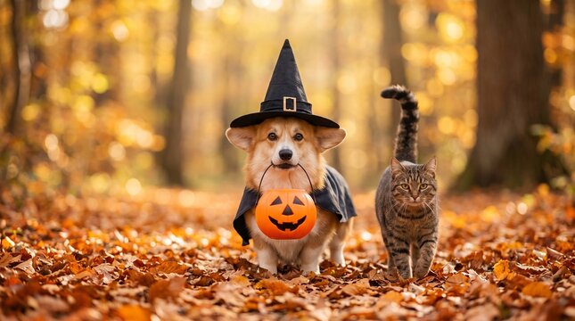 Corgi wearing witch costume carrying pumpkin bucket beside tabby cat walking through autumn forest foliage