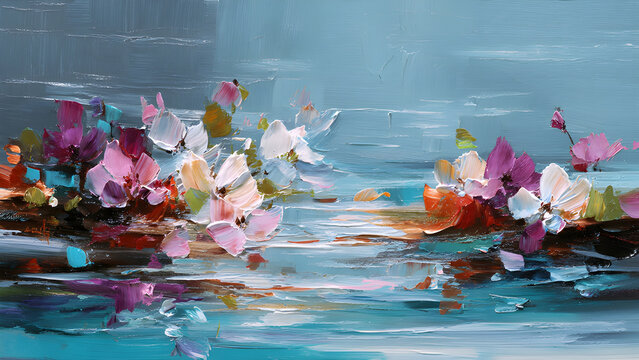 Panoramic oil painting illustration of abstract colorful water lilies and flowers floating on a blue pond