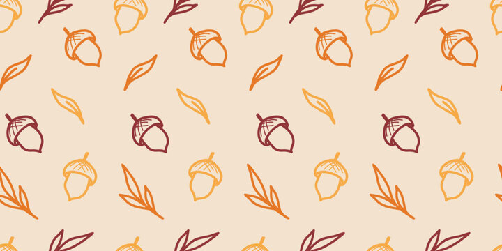Autumn Acorn Hand Drawn Seamless Pattern with Botanical Leaves
