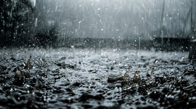 Heavy rain creating dramatic splashes and ripples on dark surface