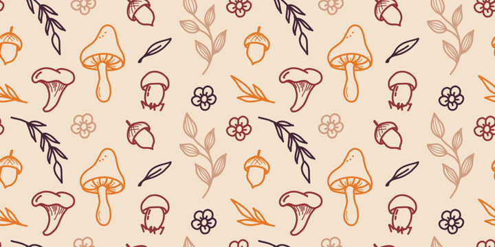 Hand drawn seamless autumn pattern featuring woodland mushrooms, acorns, botanical branches, leaves, and simple flowers in an outline style on a warm neutral background