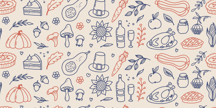 Thanksgiving Hand Drawn Seamless Pattern with Harvest Doodle Icons