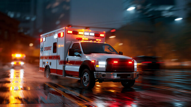 Emergency response vehicle moves through city streets at night with flashing lights and sirens on