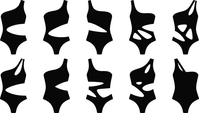 Set of stylish black swimsuit silhouettes and monokini cutout designs for fashion apparel and summer collection.