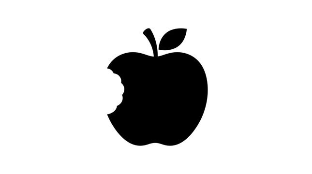 Bitten apple silhouette with a small leaf is centrally placed on a pristine white background, indicating a single bite has been taken from the fruit.