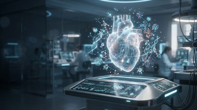 Holographic human heart display in futuristic medical laboratory