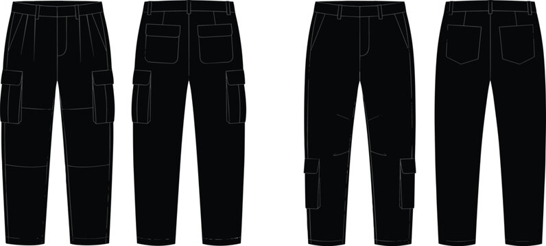 Vector flat sketch illustration set of black silhouette cargo pants showing front and back views apparel template