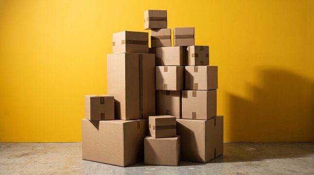 A Large Stack of Cardboard Shipping Boxes Arranged Against a Bright Yellow Background for Moving and Storage Logistics Concepts