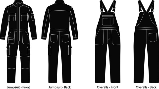 Vector flat sketch set of black silhouette workwear jumpsuit and bib overalls front and back views