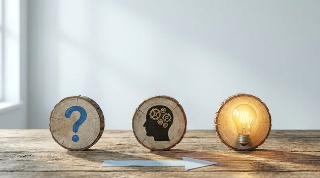 Creative thinking process illustrated by wooden blocks with question mark gear head and bright idea bulb