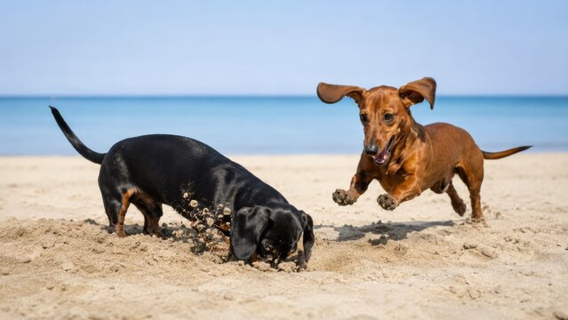 Two dachshund dogs playing on sandy beach, one digging in sand while the other jumps in the air, with calm ocean and clear blue sky in the background