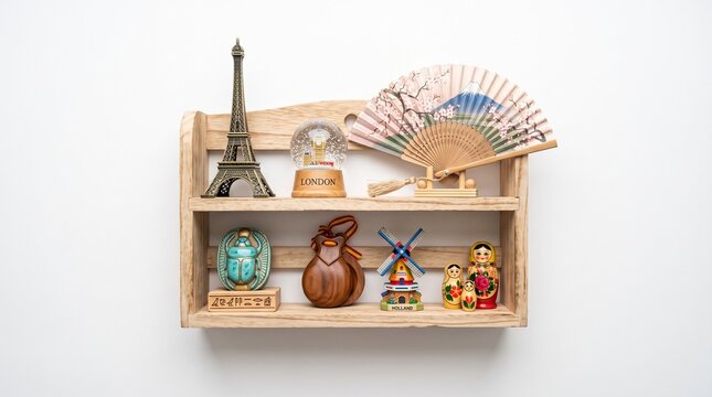 Wooden shelf filled with various international travel souvenirs and memorabilia on white background