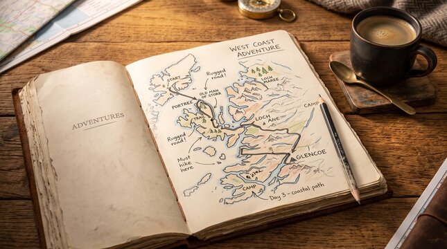 Vintage Travel Journal Open on Wooden Table showing Hand Drawn West Coast Adventure Map with Coffee