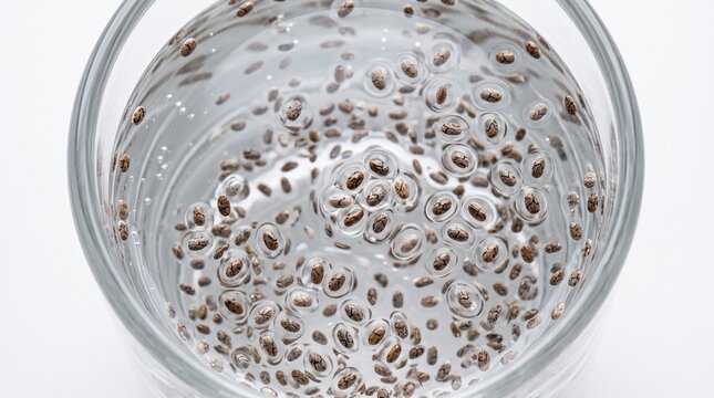 Healthy chia seeds soaking in a glass of water viewed from above