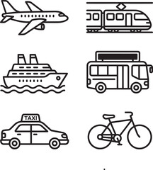 Fototapeta premium Transportation and Travel Vehicles Black Line Icon Set