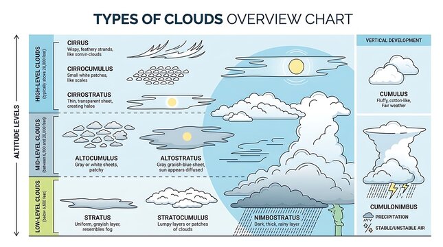 Educational infographic showing types of clouds by altitude levels