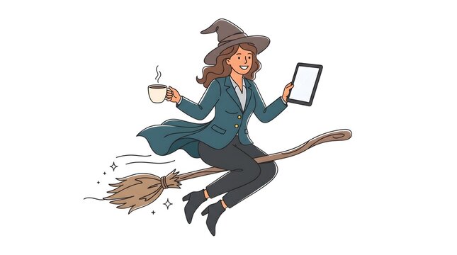 Professional Witch Flying on Broom with Coffee and Tablet Halloween Businesswoman Vector Illustration