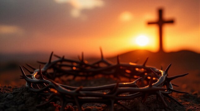 Crown of thorns of Jesus Christ on the ground with the silhouette of the Calvary cross in the background during a golden hour sunset, representing Christian faith, Easter, and redemption.