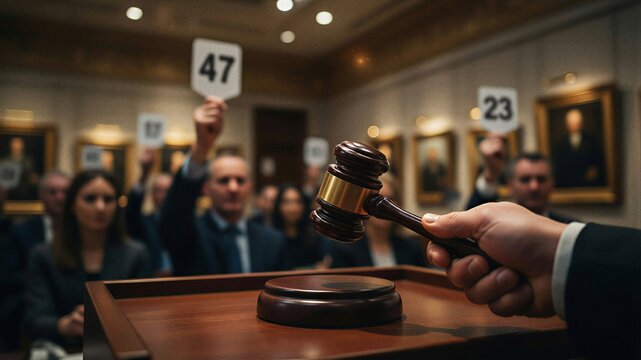 Auctioneer hand holding wooden gavel with bidders raising numbered paddles at a public auction in an elegant hall with paintings.