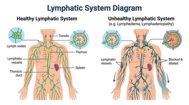 Comparison of healthy and unhealthy human lymphatic system diagram