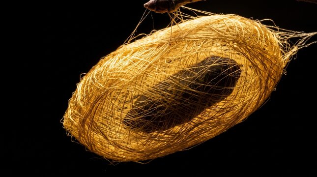 Golden Silkworm Cocoon Isolated on Black Background Representing Natural Silk Production and Textile Material Source