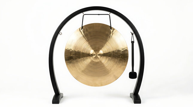 Shimmering golden brass gong on elegant black stand with mallet, ready for meditative sound therapy