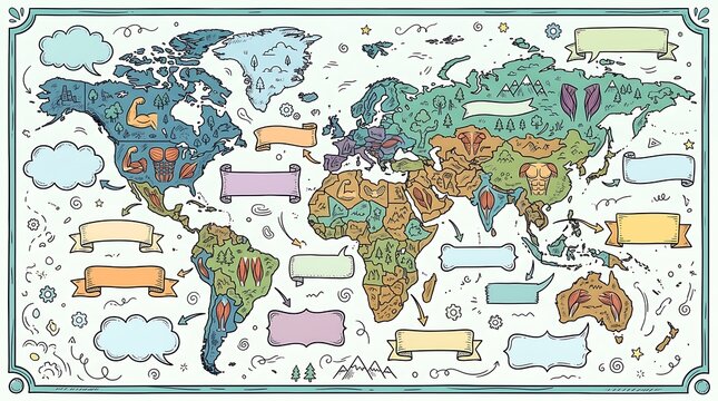 Hand drawn world map with fitness icons and blank text banners