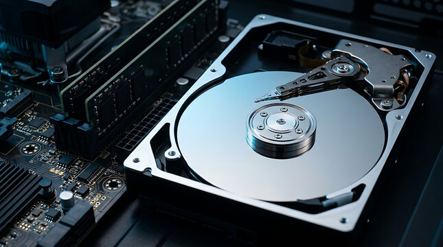 Detailed View of Internal Hard Disk Drive Components on a PC Motherboard with RAM