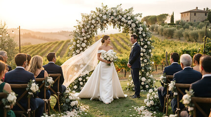 Obraz premium Outdoor wedding ceremony in a vineyard with floral arch and guests watching.