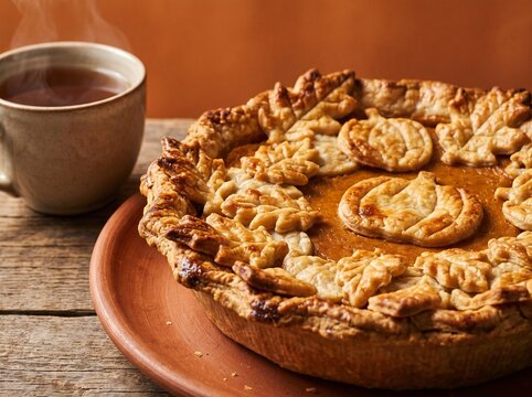 Close Up of Pumpkin Pie with Decorative Leaf Patterned Pastry Crust