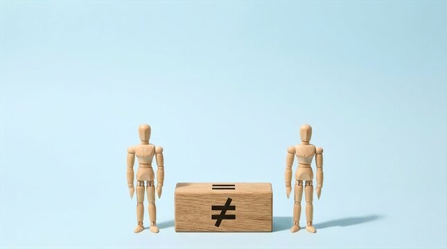 Wooden mannequins standing by inequality symbol block on blue background representing social disparity