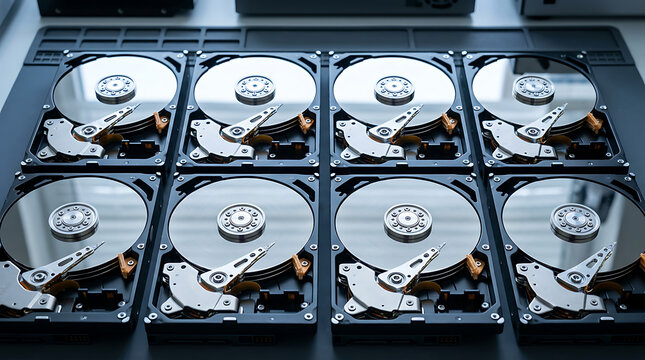 Array of eight hard disk drives in a data center or server room, close-up view