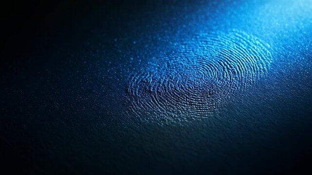 Glowing fingerprint scan on dark surface. Digital biometric security identification process. High technology identity verification concept with blue light effect.