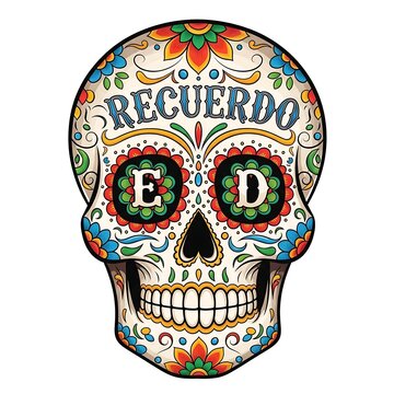 Colorful sugar skull with Recuerdo text design.