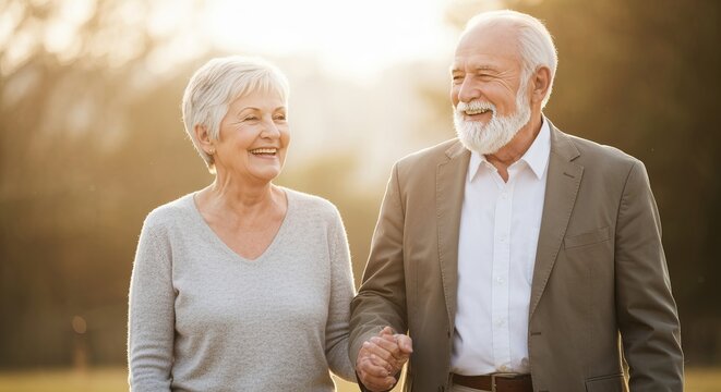 Beaming elderly couple holding hands, soft focus