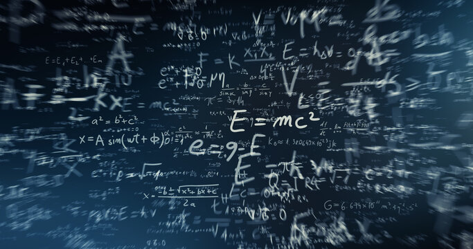 Abstract Physics Equations And Mathematical Formulas On A Dark Blackboard Representing Science And Knowledge