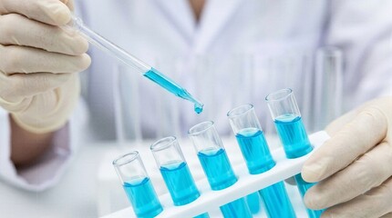 Fototapeta premium Researcher in lab coat using pipette to drop blue liquid into test tubes