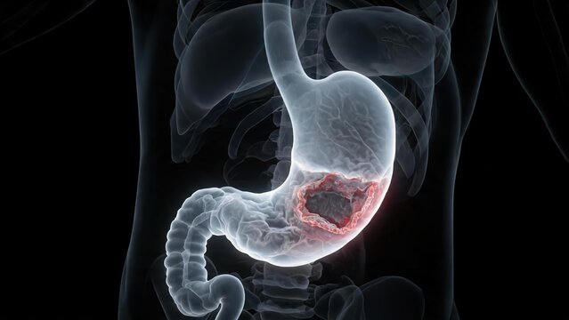 3D transparent human stomach anatomical illustration, gastric cancer and tumor lesions display, professional medical scientific rendering artwork