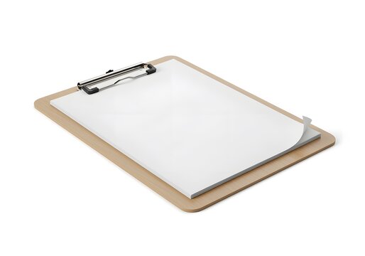 Wooden clipboard mockup with stack of blank white paper sheets isolated on white background