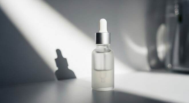 Serum Bottle with Dropper and Shadow in Natural Light.