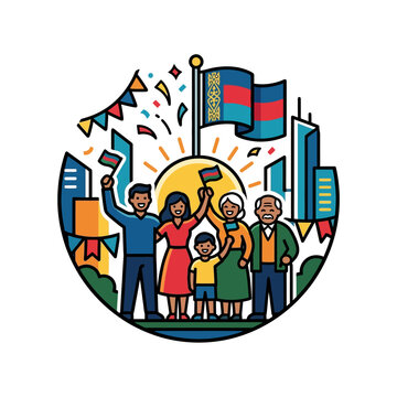 a multi-generational kazakh and azerbaijani family celebrating independence day with flags and national pride in a modern city setting.