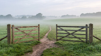 Fototapeta premium Open wooden gate revealing a winding dirt path into a misty morning field, inviting new beginnings and choices