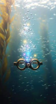 Underwater Goggles Floating in a Sea of Bubbles and Light.