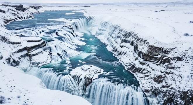 Stunning Winter Waterfall Cascading Through Snowy Landscape in Iceland.