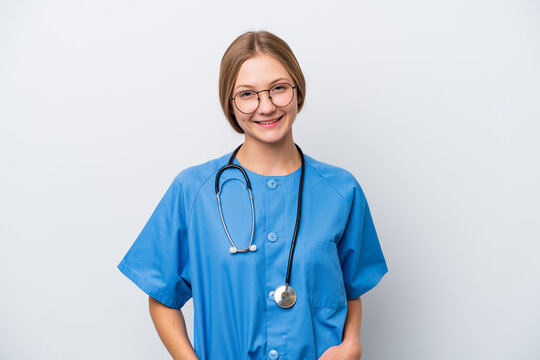 Young nurse doctor woman isolated on white background laughing