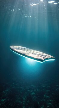 Underwater Surfboard Floating in Ocean with Sunbeams and Blue Water.