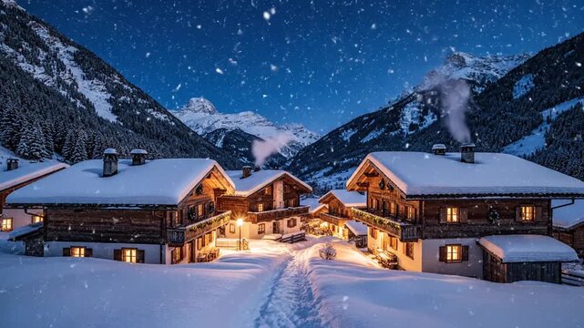 Snowy alpine village with wooden chalets and mountain view
