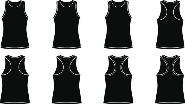 Vector set of women black tank top and racerback flat sketches silhouettes front and back view templates